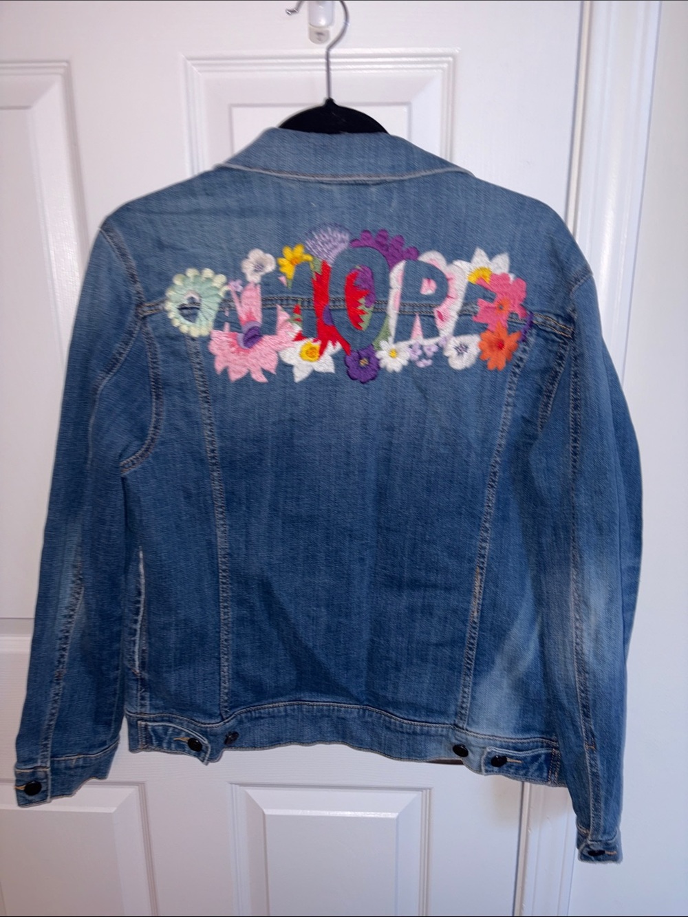 Pilcro Blue Denim Jacket with Colorful Floral Embroidery